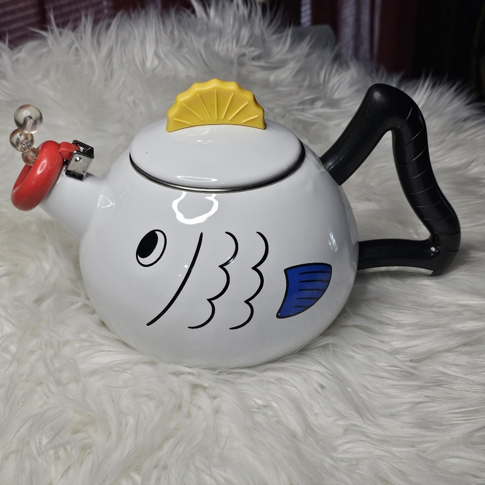 Vintage Kamenstein Fish Tea Kettle White Enamel MCM Tea Pot